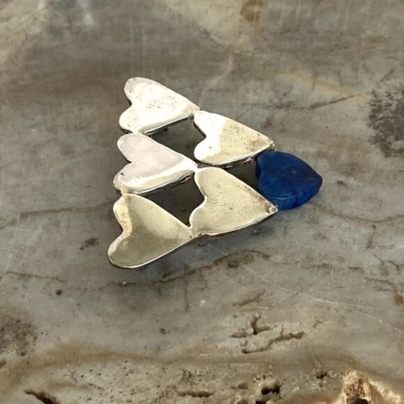 Vintage Sterling Silver 925 1.5" Stacked Hearts Blue Lapis Brooch - Picture 11 of 16